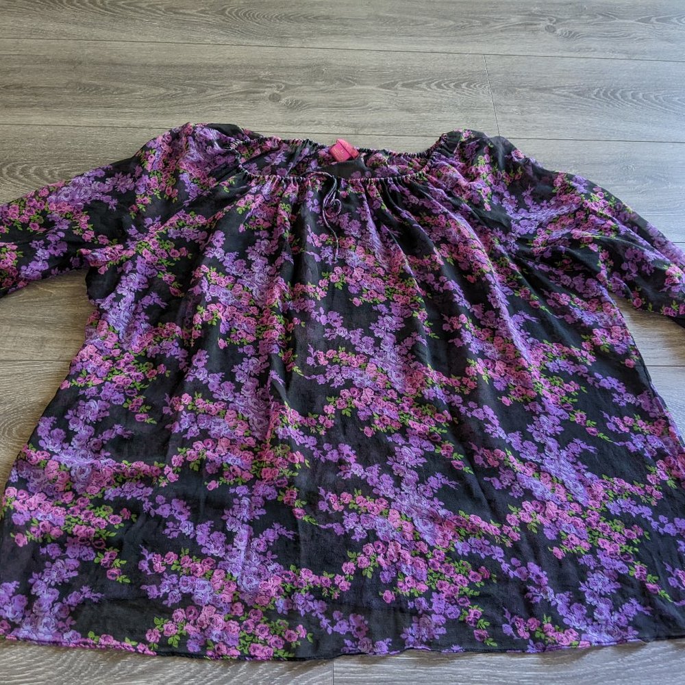 Sunny Leigh Black Floral Blouse with Purple and Green Accents